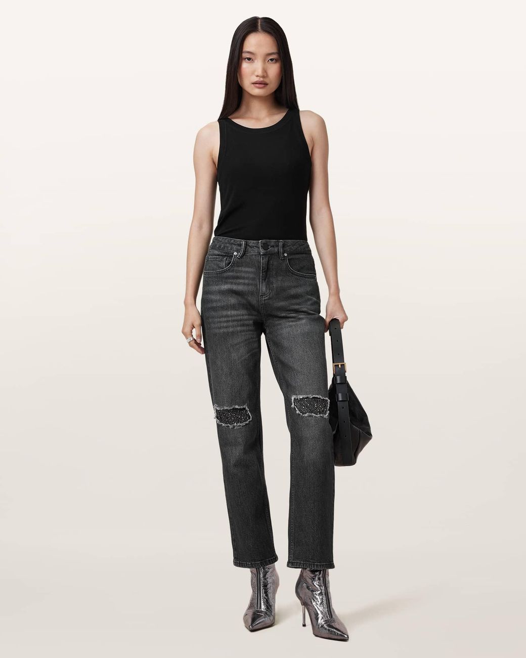 AllSaints Black Ida Cropped Straight Denim Jeans