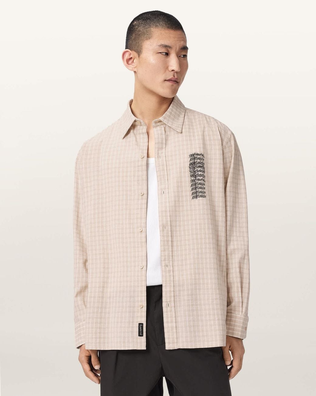 AllSaints Natural Repeater Long Sleeve Oversized Check Shirt for men