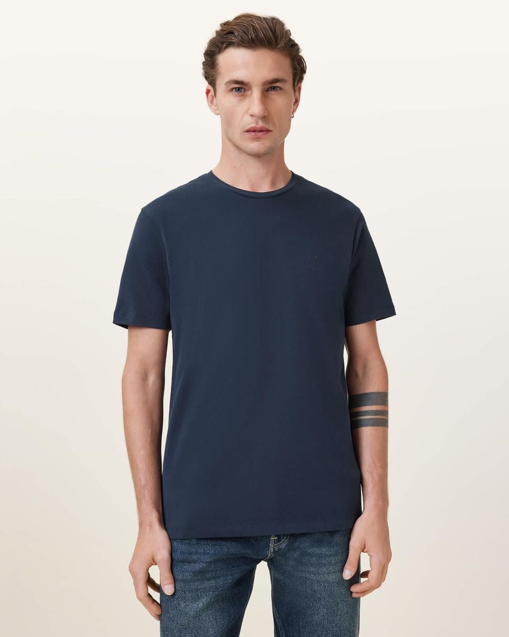 AllSaints Blue Brace Brushed Cotton Crew Neck T-Shirt for men