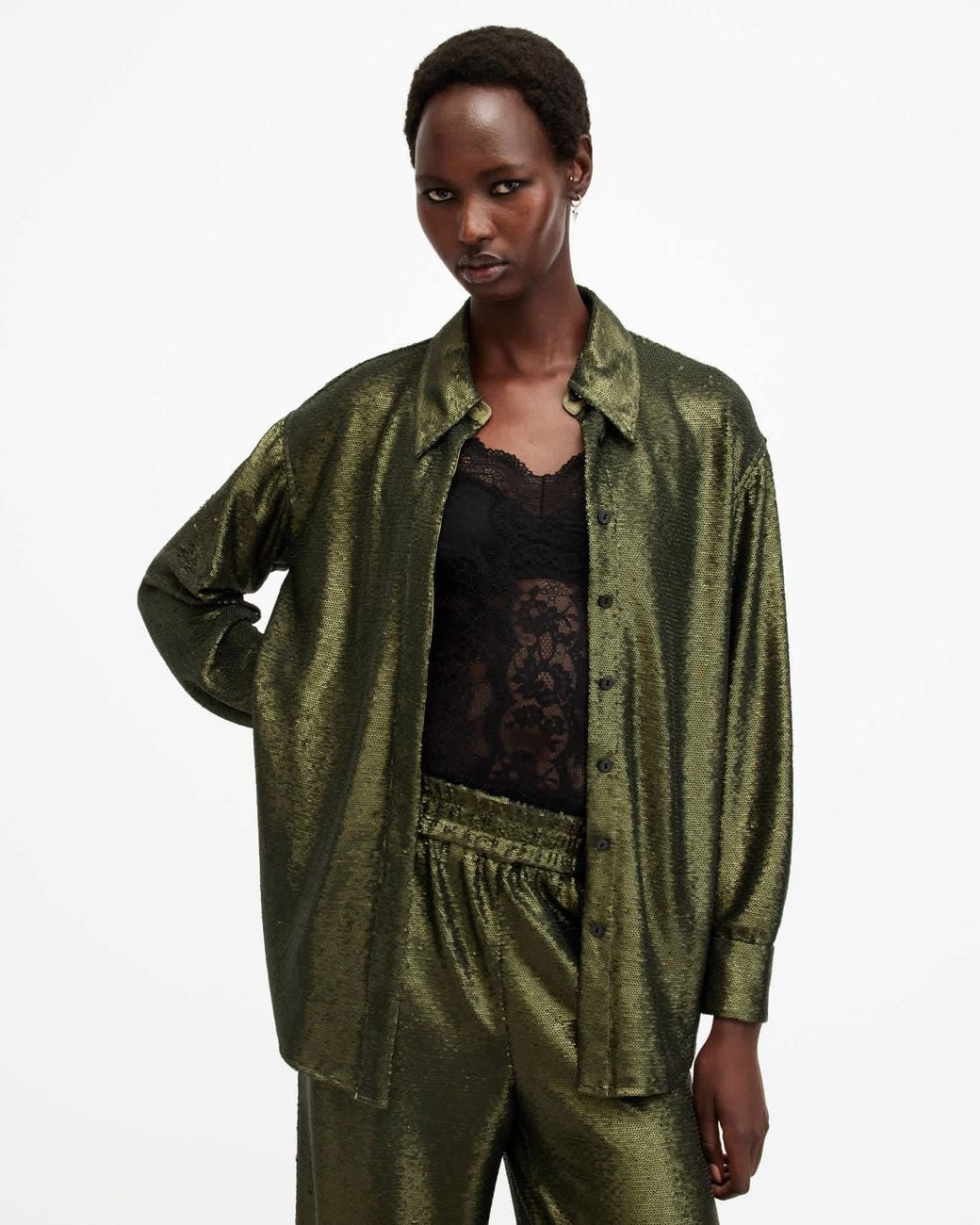 AllSaints Green Charli Sequin Relaxed Fit Shirt