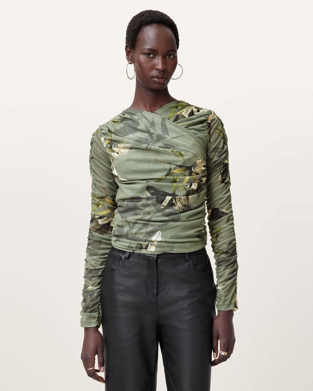 AllSaints Green Polyester Hanako Print Mesh Wrap Top, /Us 6
