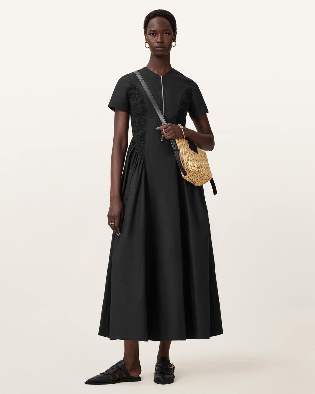 AllSaints Black Sheena Cotton Midi Dress