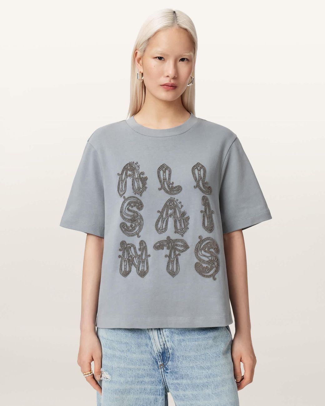 AllSaints Gray Ella Embroidered Lisa Boxy T-Shirt
