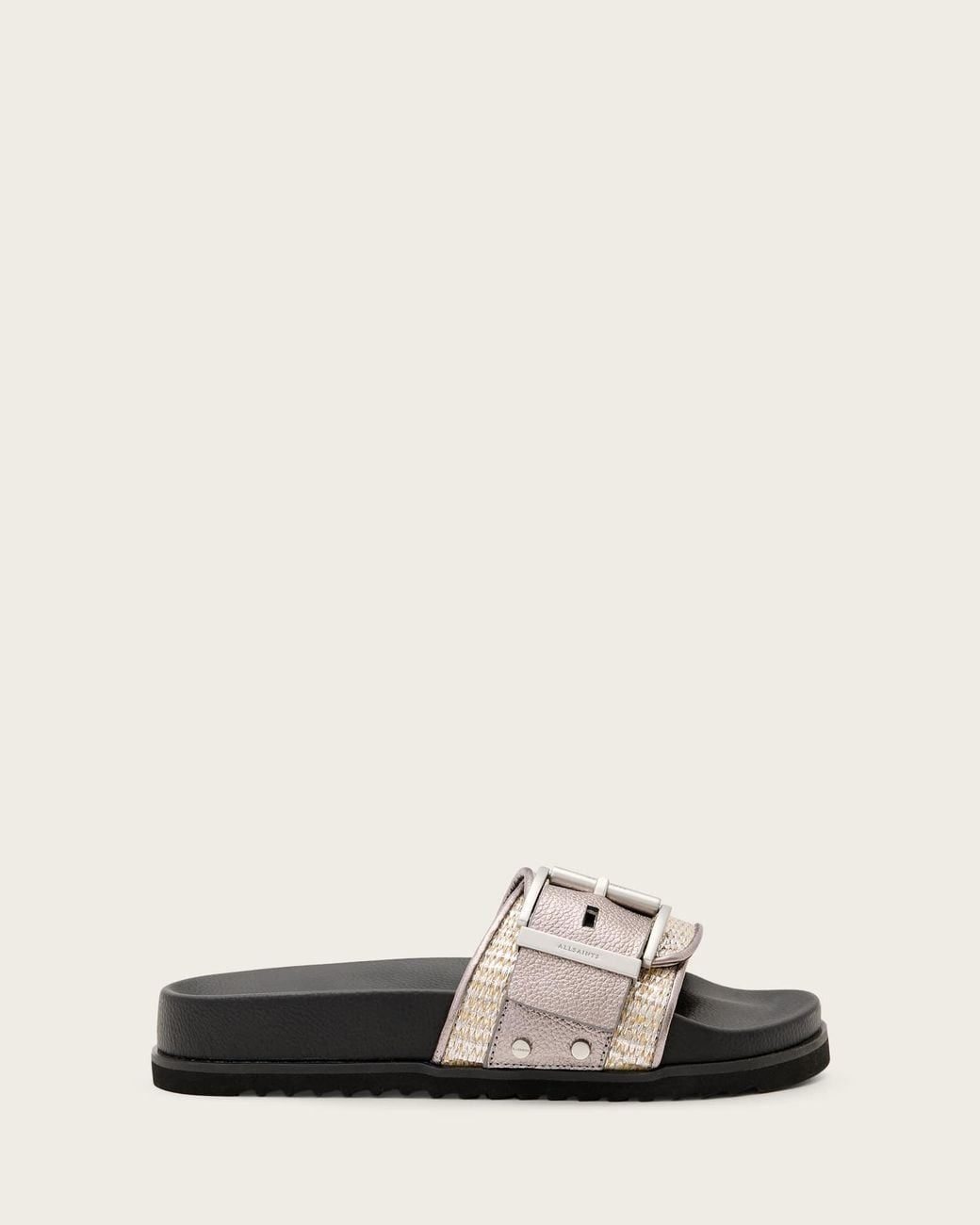 AllSaints Natural Ellie Studded Buckle Leather Sliders