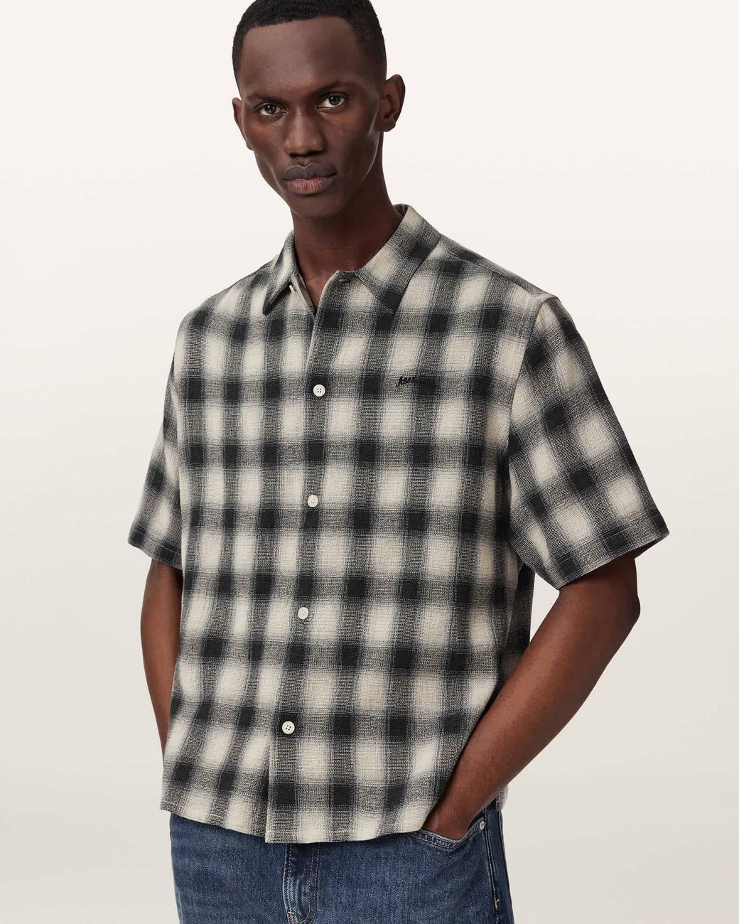 AllSaints Gray Shadow Short Sleeve Boxy Check Shirt for men
