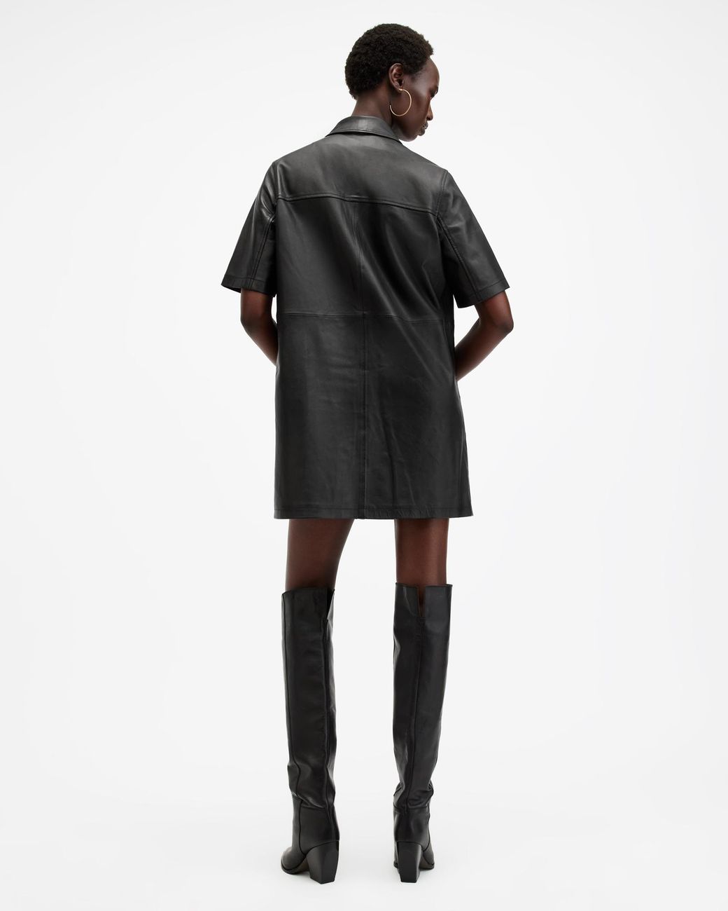 chinese dress ladies AllSaints Kadi Leather Dress Black Size US 2 Long Sleeve Mini NEW   Celebrity Owned