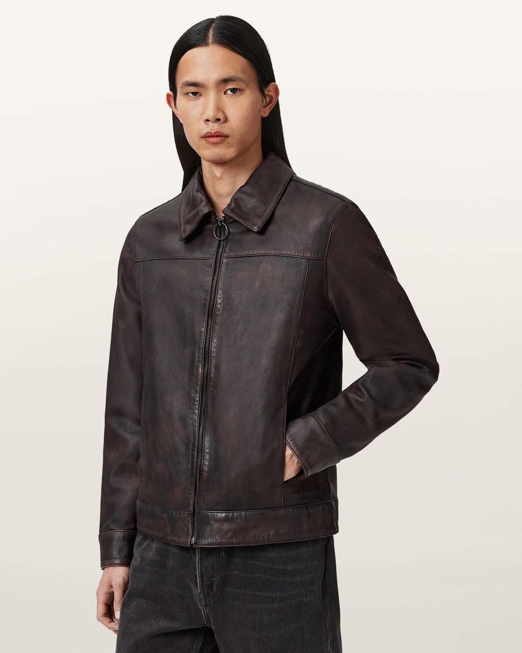 AllSaints Black Alkan Zip Up Two Tone Leather Jacket for men