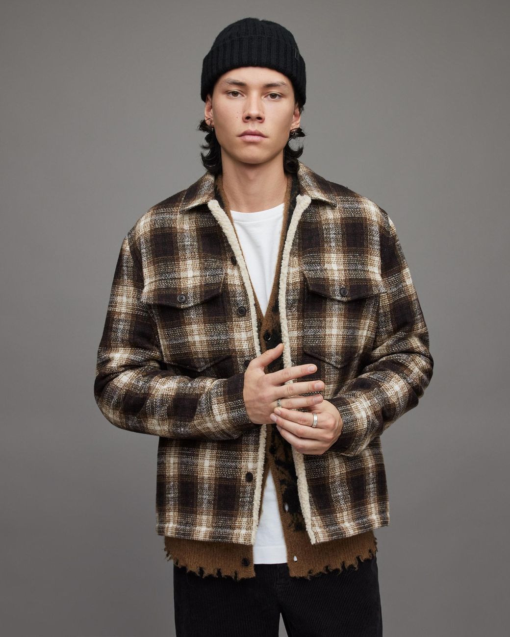 AllSaints Deville Checked Sherpa Lined Jacket in Gray for Men | Lyst