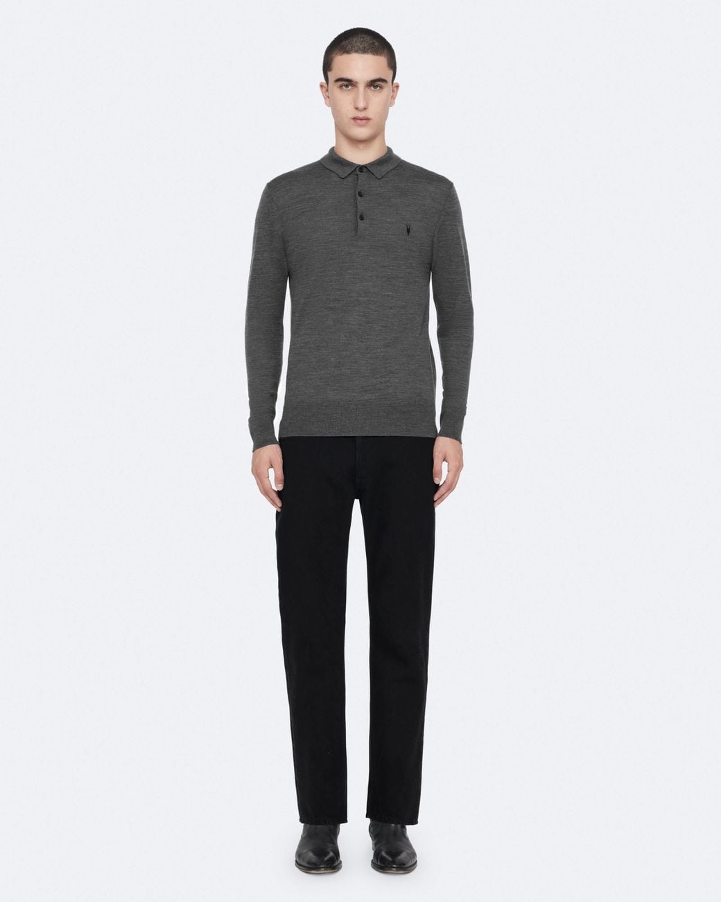 AllSaints Black Mode Merino Long Sleeve Ramskull Polo Shirt for men