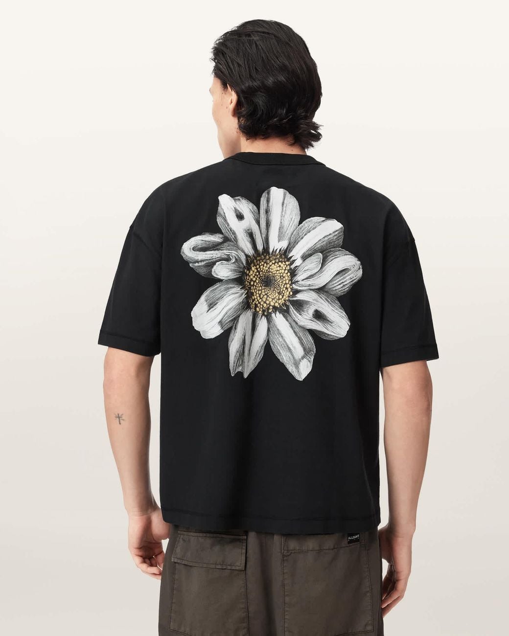 AllSaints Black Petals Oversized Short Sleeve Graphic T-Shirt for men