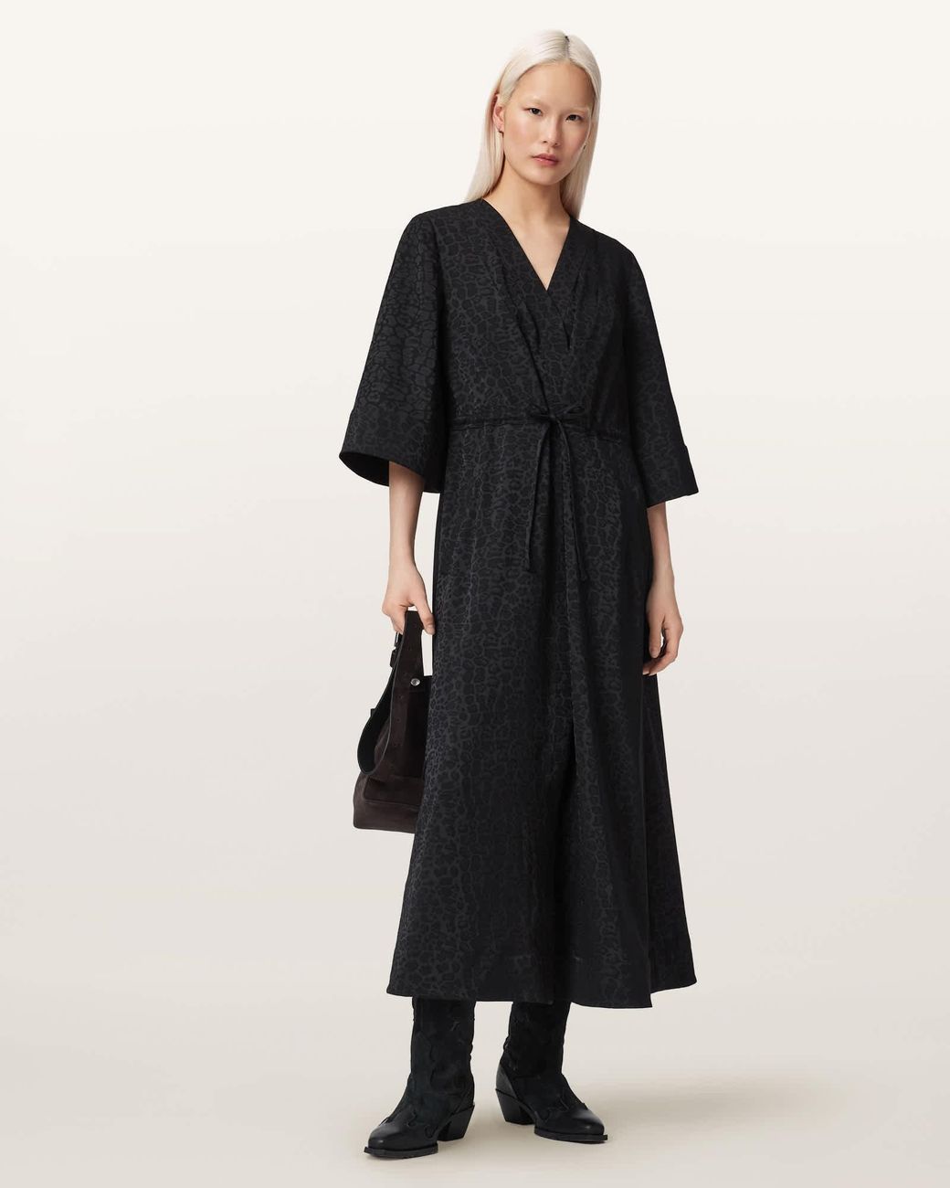 AllSaints Black Polyester Diana Leopard Print Pleated Maxi Dress, /Us 2