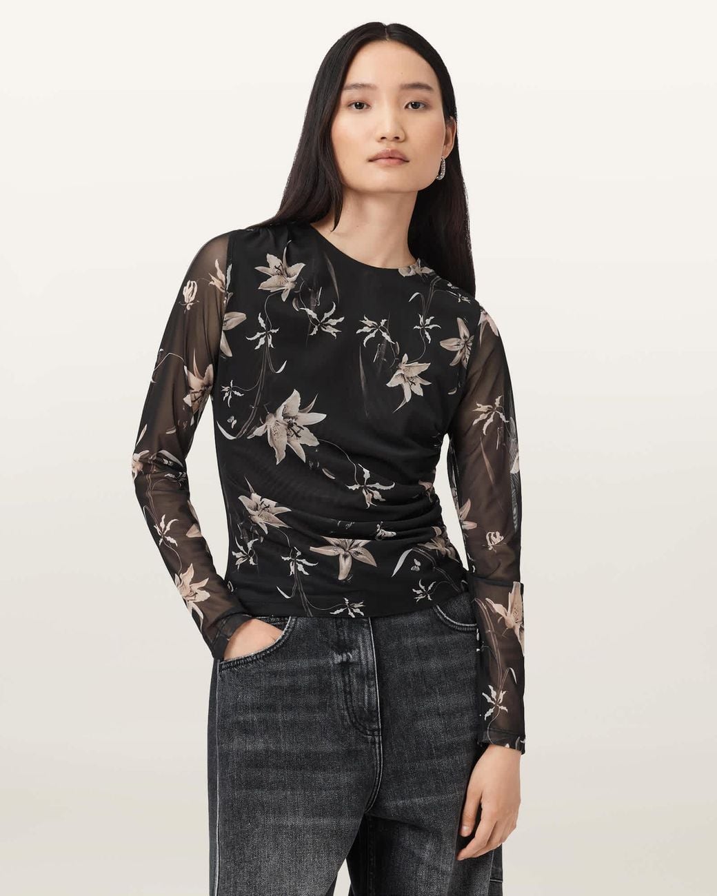 AllSaints Black Caia Floral Mesh Top