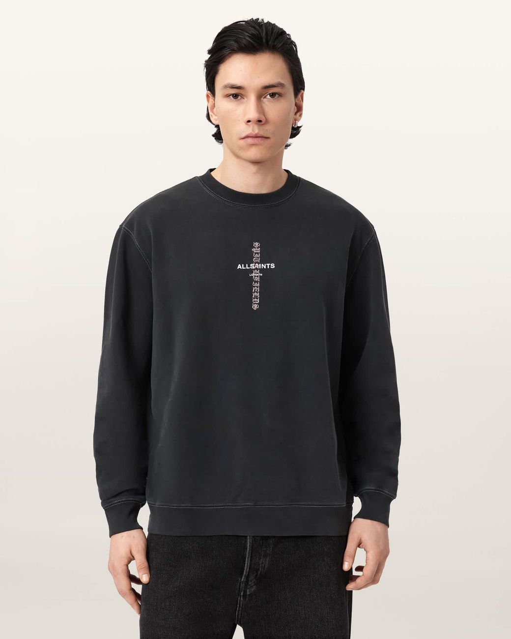 AllSaints Black Knox Boxy Embroidered Sweatshirt for men