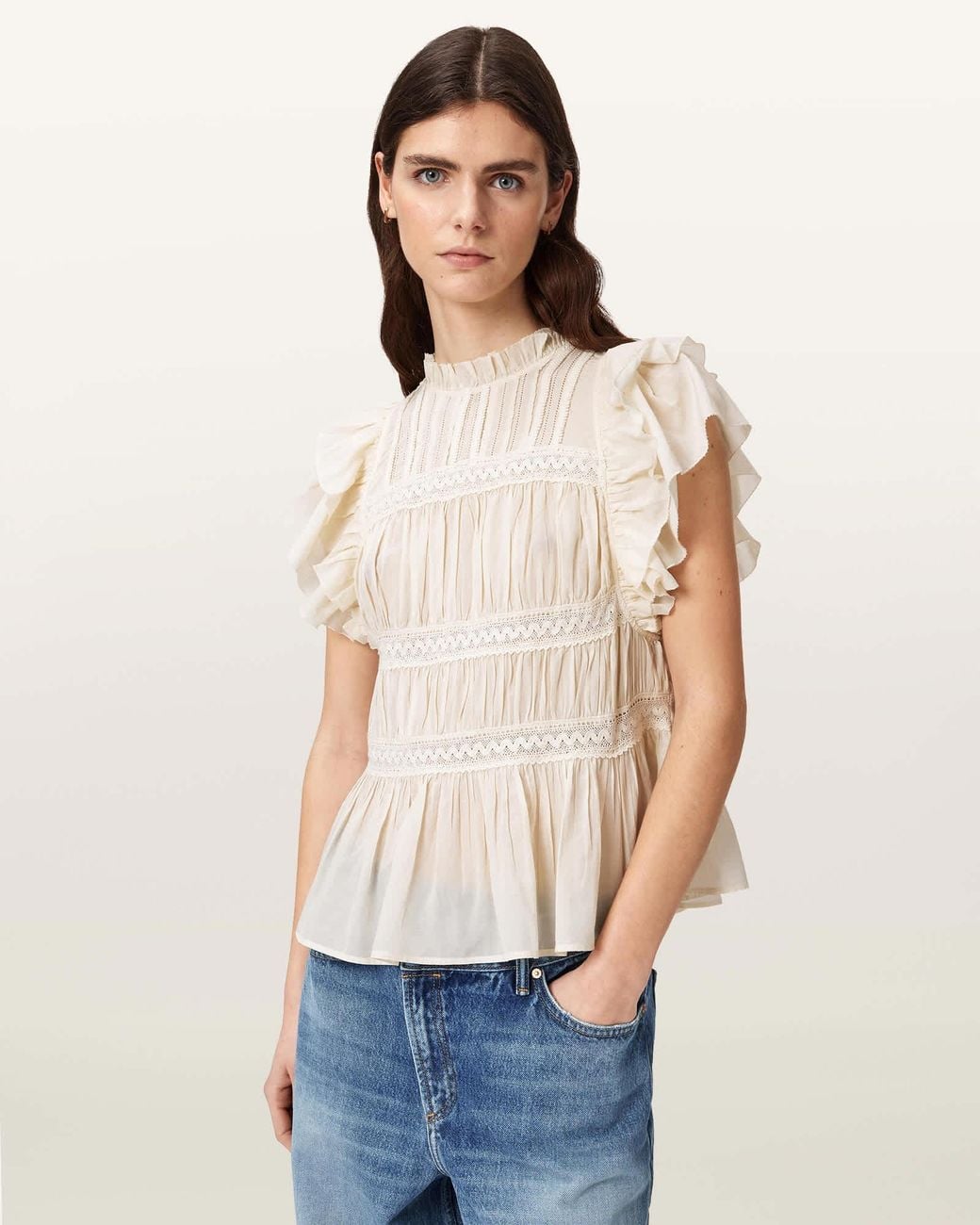 AllSaints White Harriet Short Sleeve Ruched Relaxed Fit Top