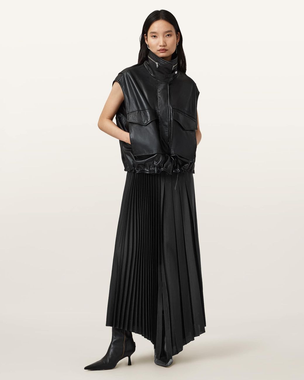 AllSaints Black Jax Pleated Midi Skirt