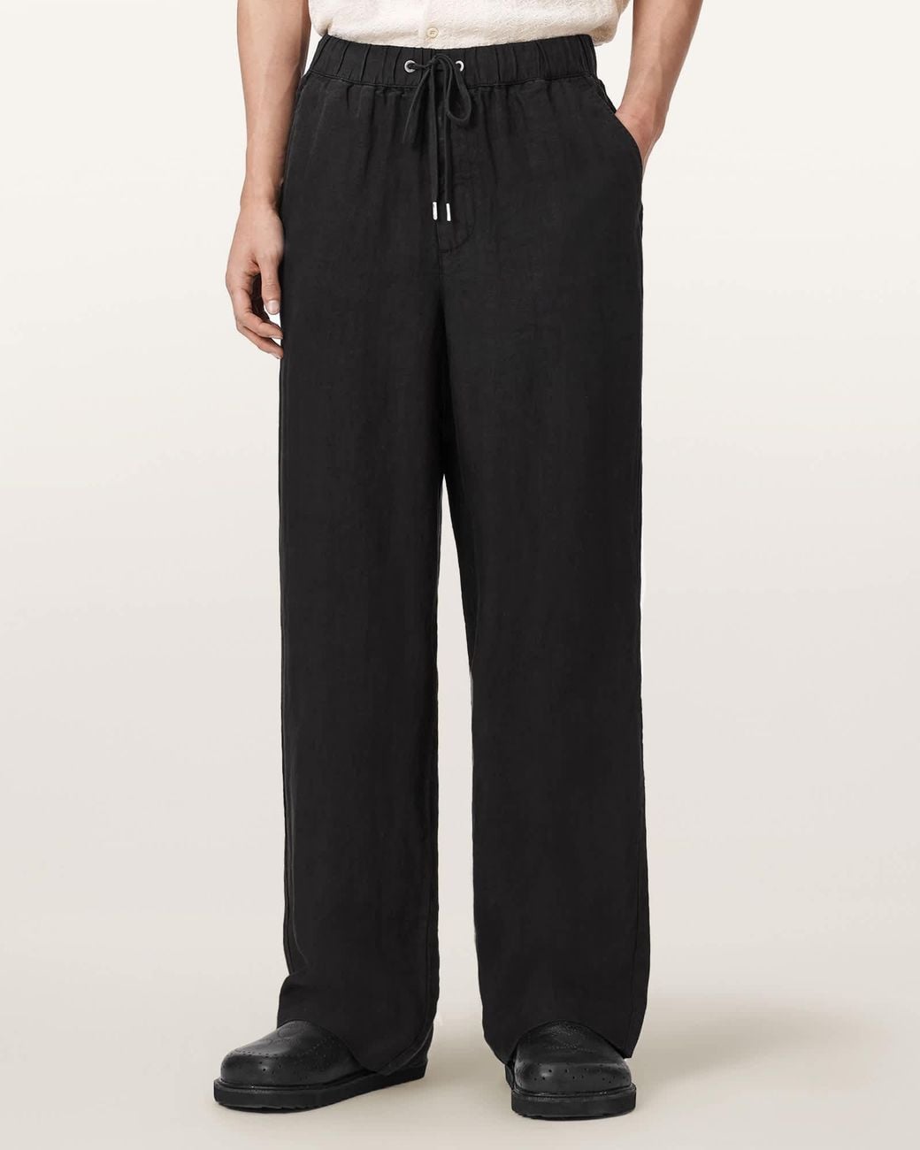 AllSaints Black Sharp Straight Leg Linen Pants for men