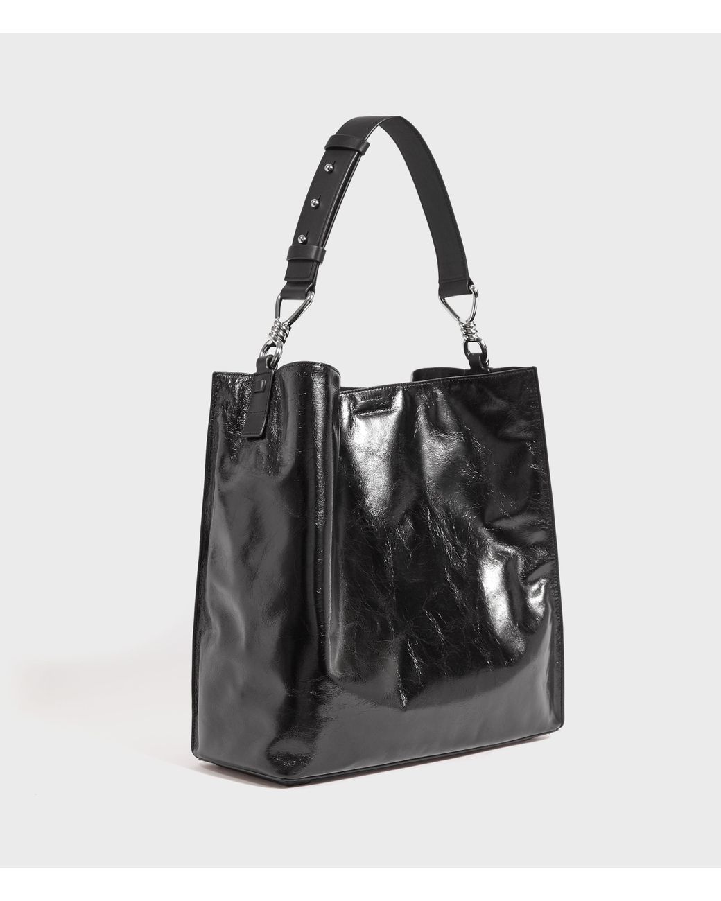 AllSaints Captain Shiny North South Leather Tote Bag in Black | Lyst