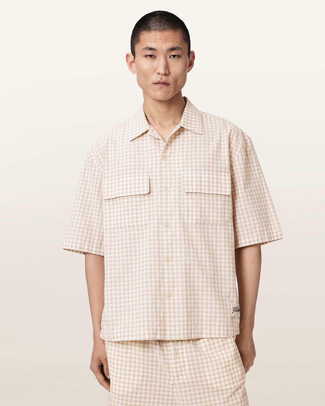 AllSaints Natural Rockland Oversized Short Sleeve Check Shirt for men