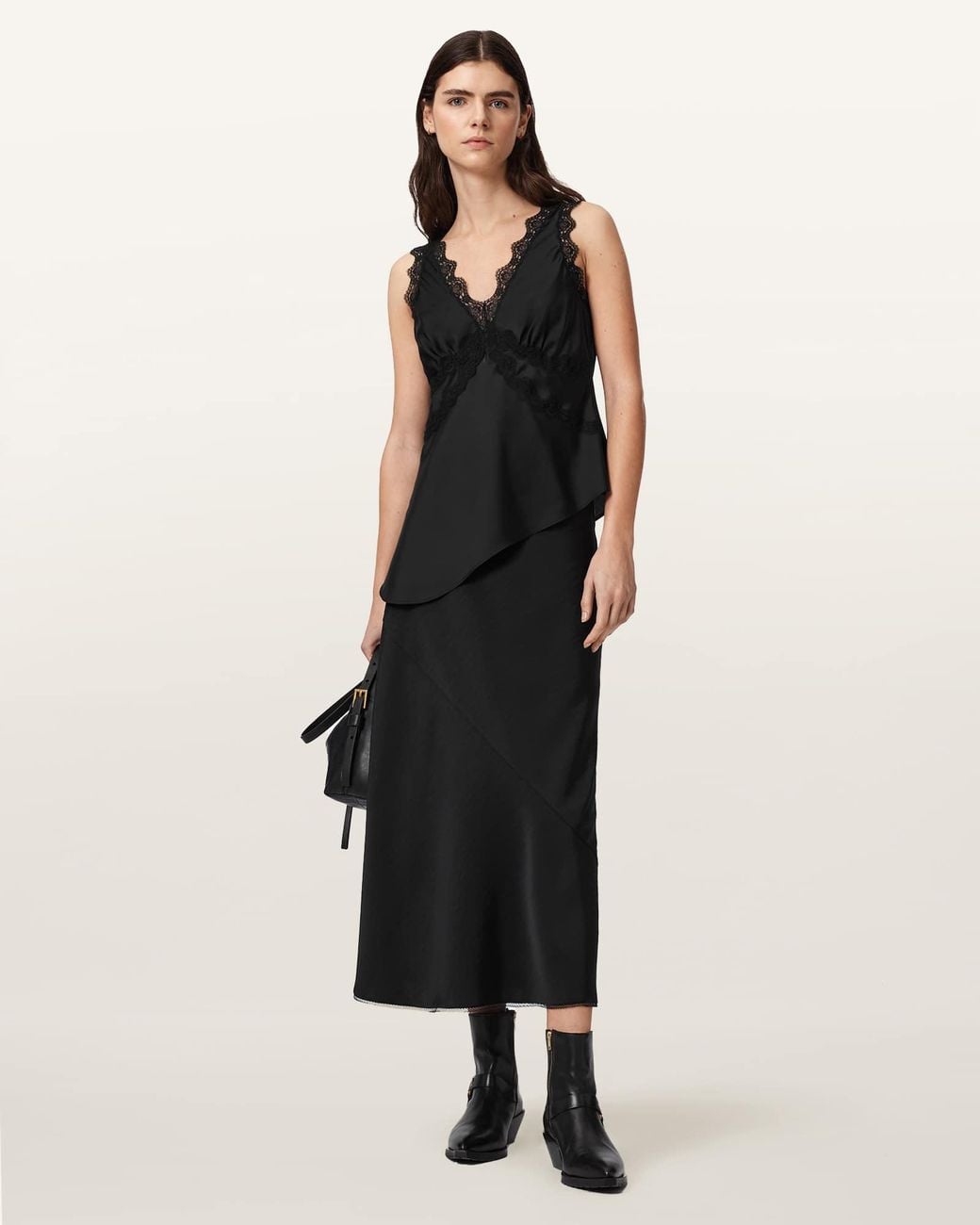 AllSaints Black Darya Bias Cut Maxi Skirt