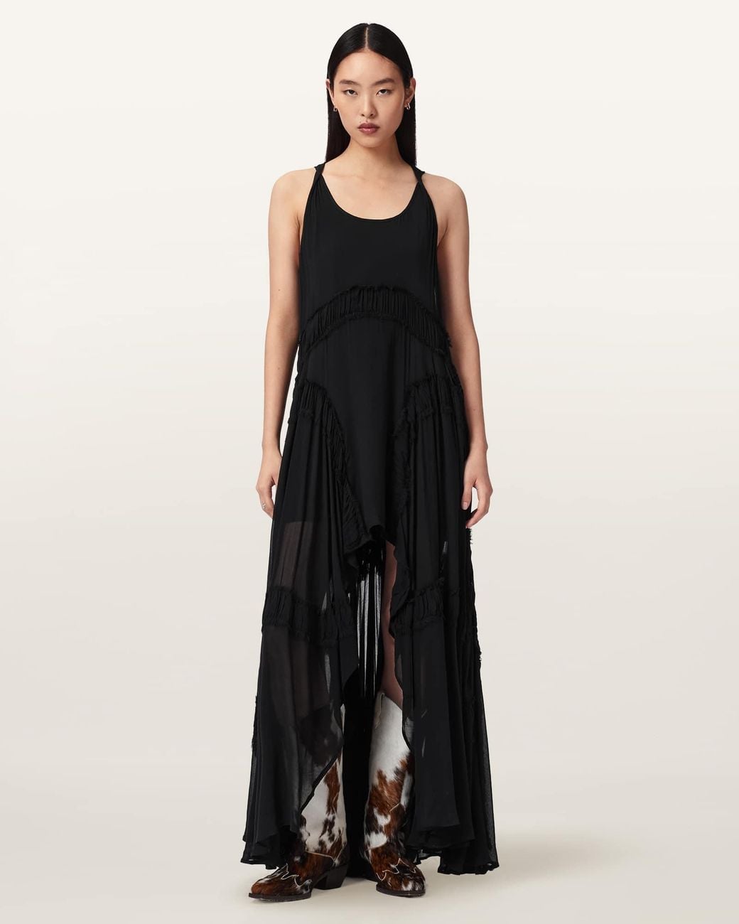 AllSaints Black Dorina Sleeveless Ruched Maxi Dress