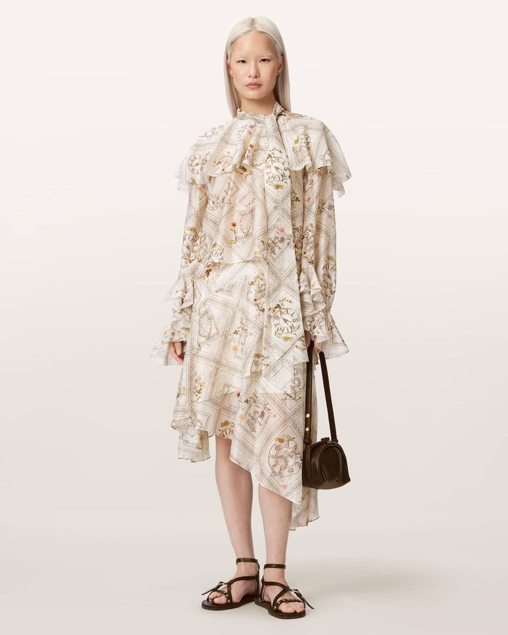 AllSaints Natural Heba Floral Organza Linen Blend Midi Skirt