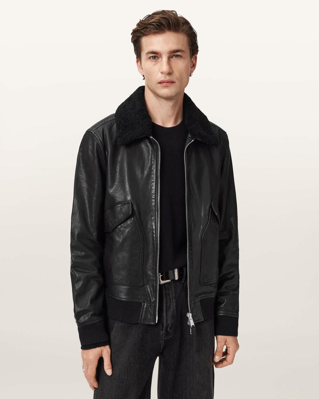 AllSaints Black Vaucluse Aviator Leather Jacket for men