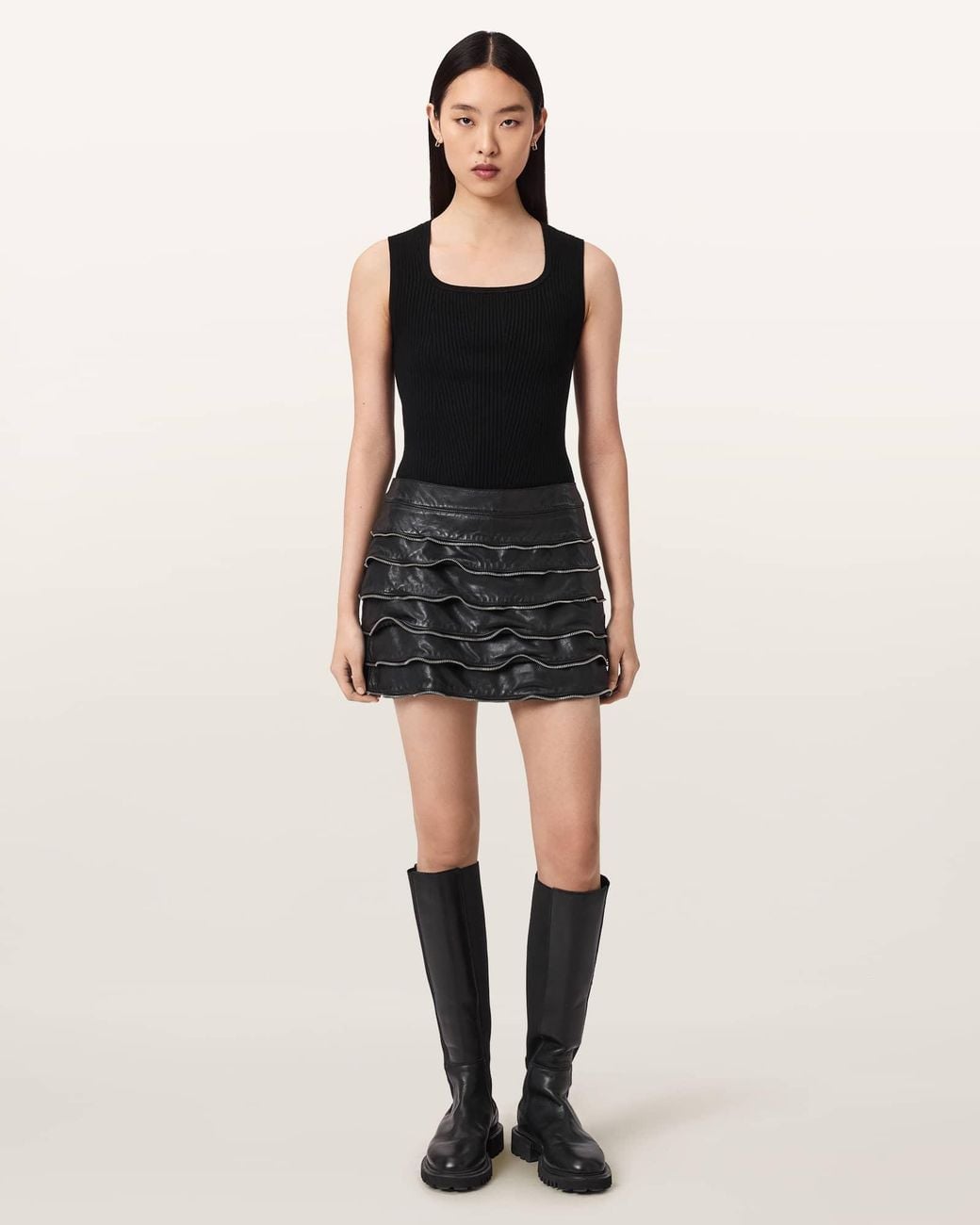 AllSaints Black Emara Leather Mini Skirt