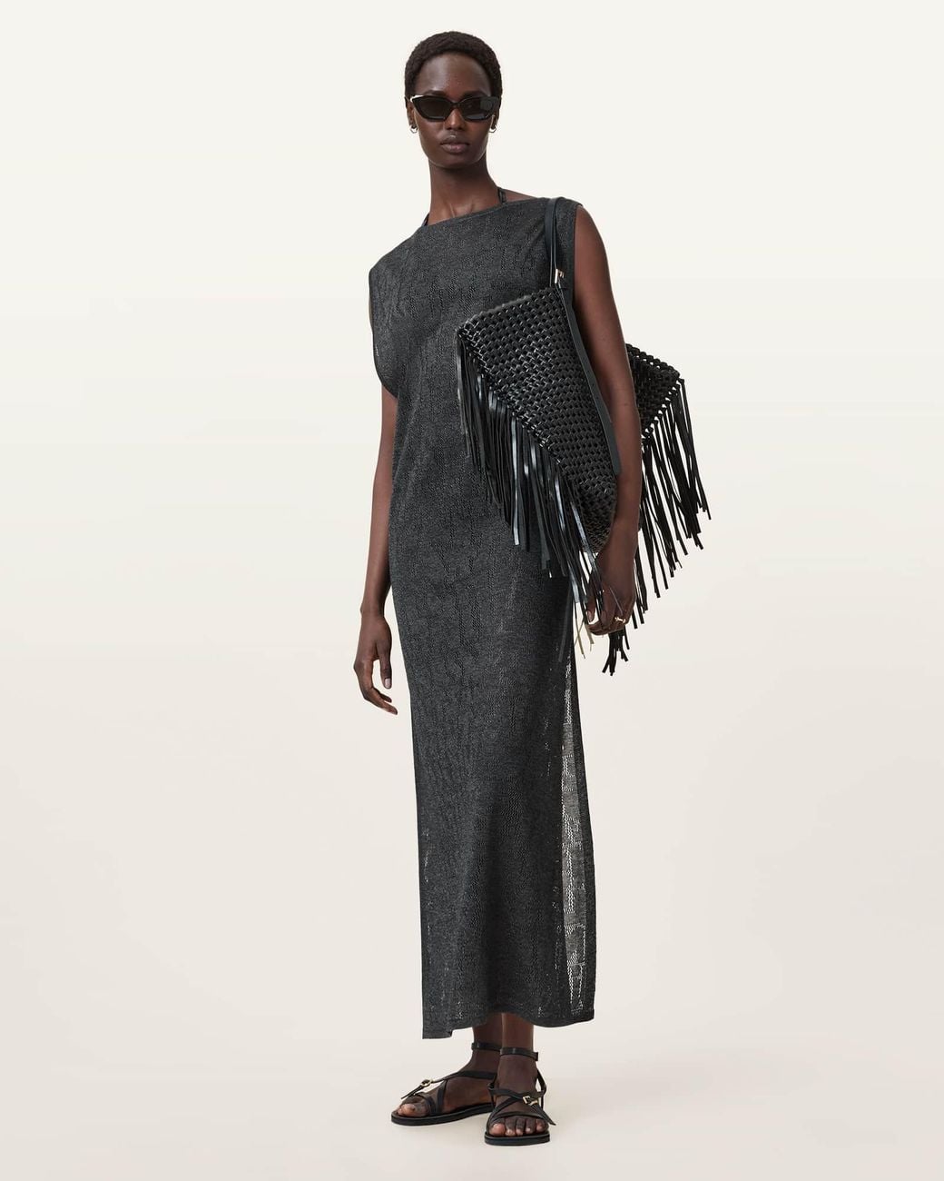 AllSaints Black Kaito Jacquard Sleeveless Maxi Dress
