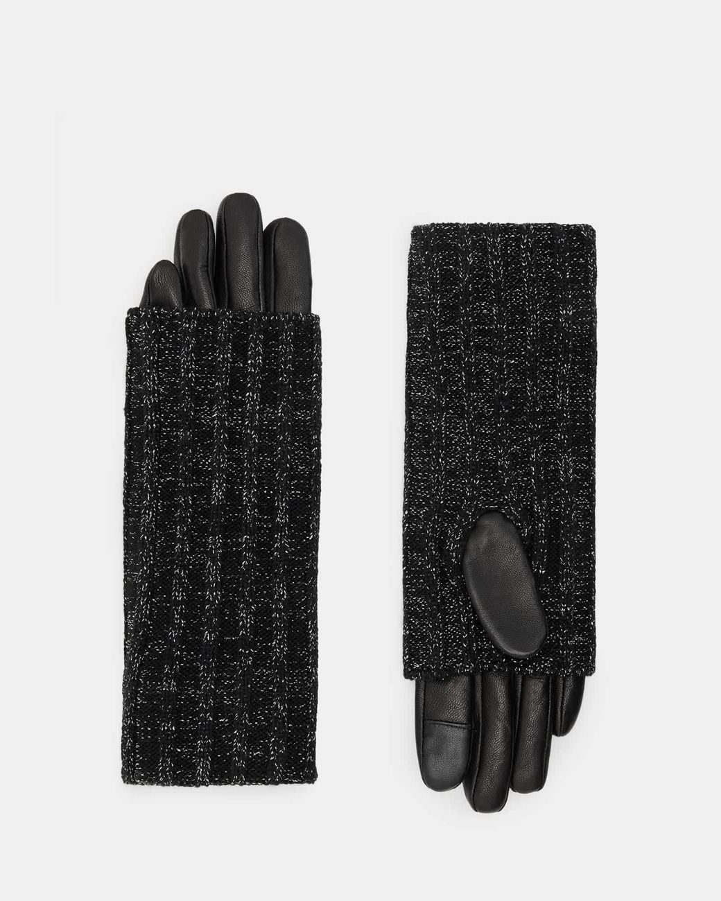 AllSaints Black Zoya Knitted Cuff Leather Gloves,, /Gunmetal
