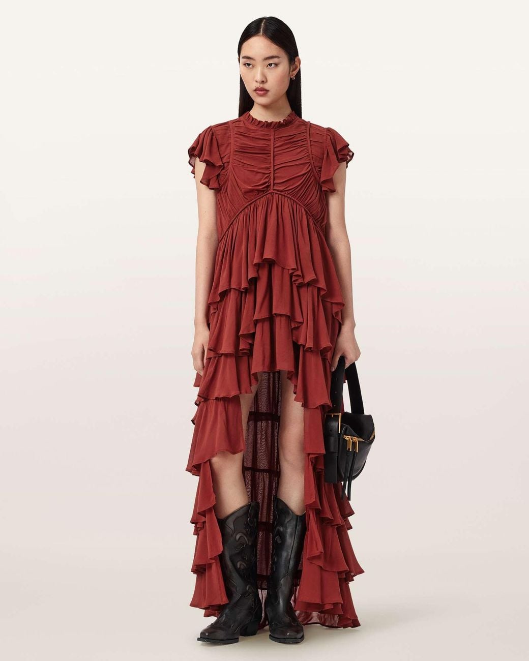 AllSaints Red Polyester Shaela Ruffled Maxi Dress, /Us 4
