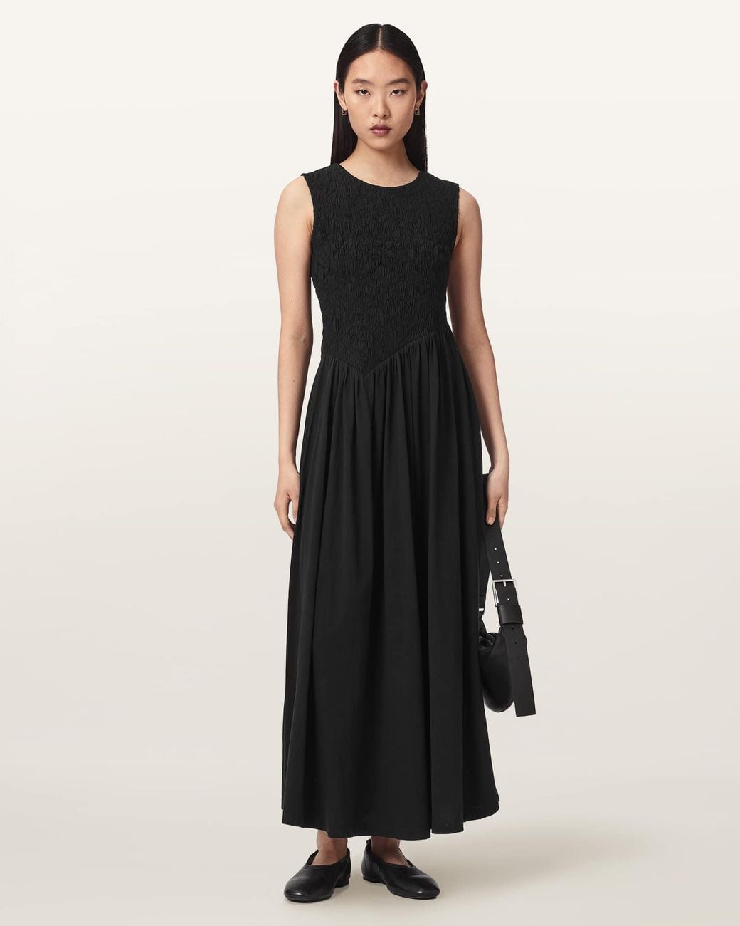 AllSaints Black Luna Crinkle Cotton Midi Dress