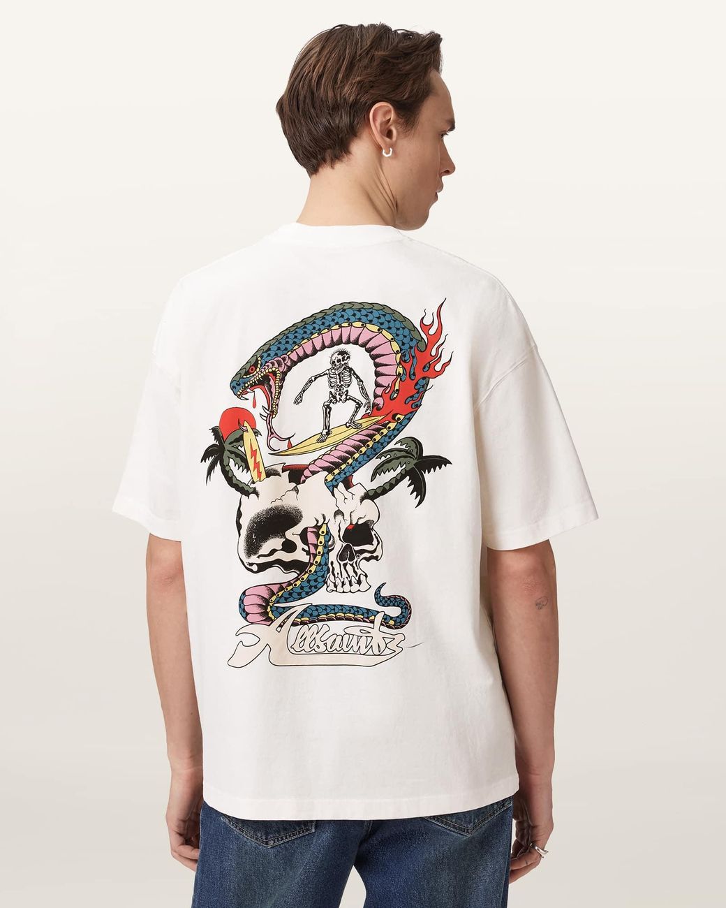 AllSaints Natural Snakepit Oversized Short Sleeve Graphic T-Shirt for men