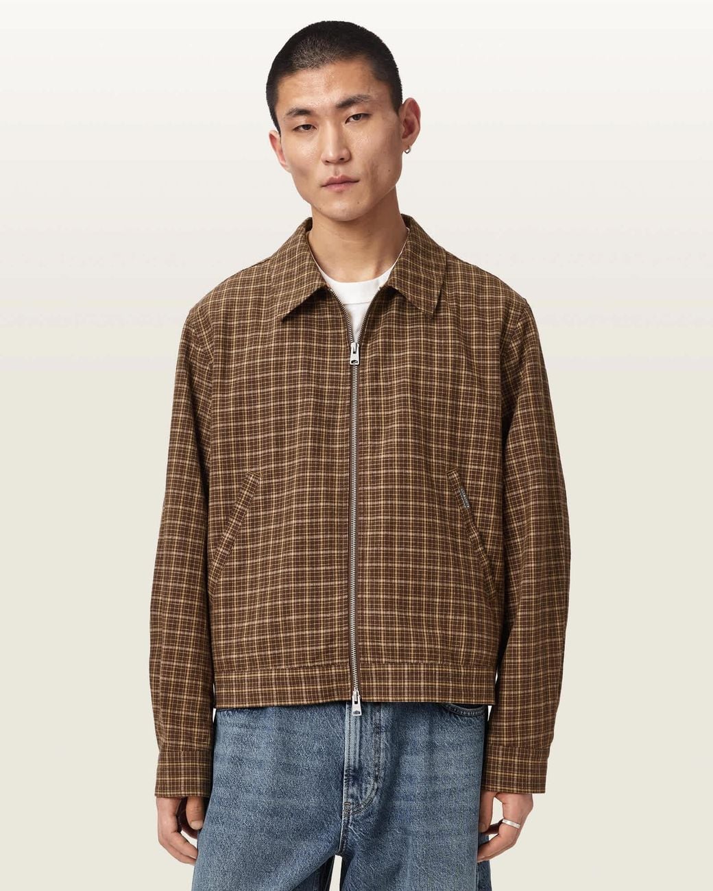 AllSaints Brown Lakeshaw Relaxed Fit Linen Blend Check Jacket for men