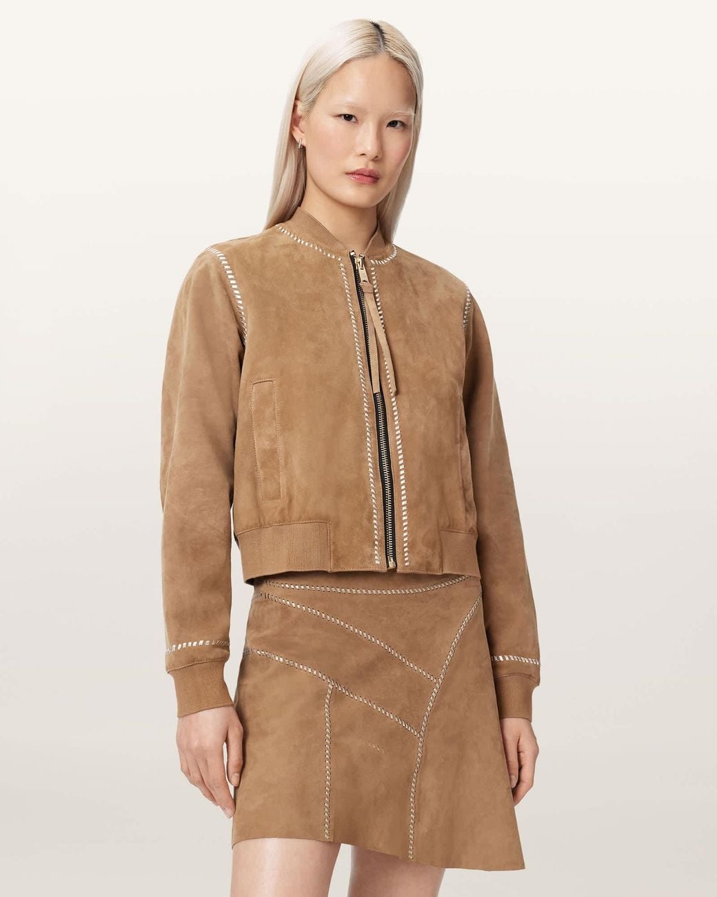 AllSaints Natural Suede Orten Whipstitch Suede Bomber Jacket, /Us 2