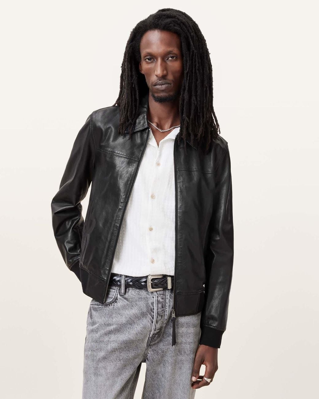 AllSaints Gray Gen Lightweight Slim Fit Leather Jacket for men