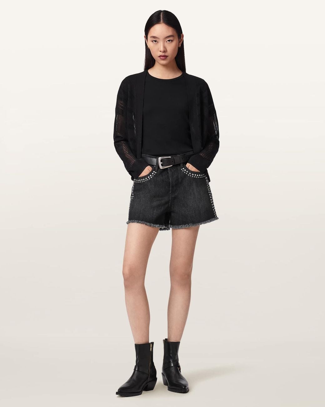 AllSaints Black Heidi High Waisted Stud Denim Shorts