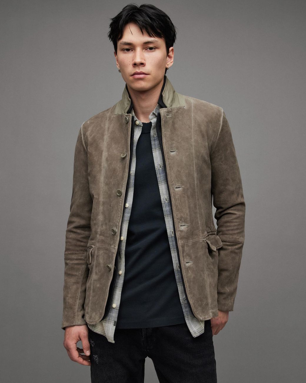 AllSaints Survey Double Layered Leather Blazer in Grey for Men