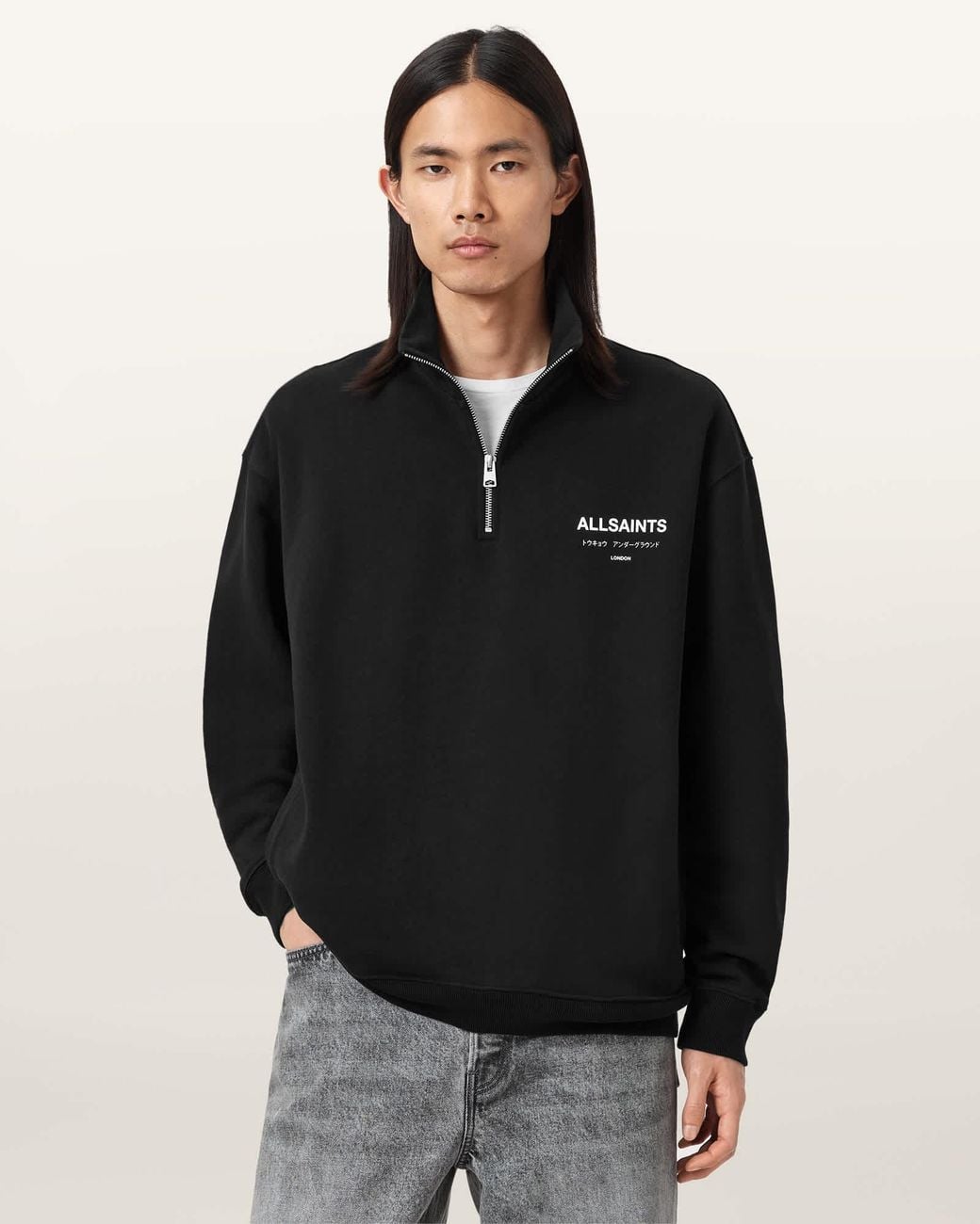 AllSaints Black Underground Half Zip Sweatshirt for men