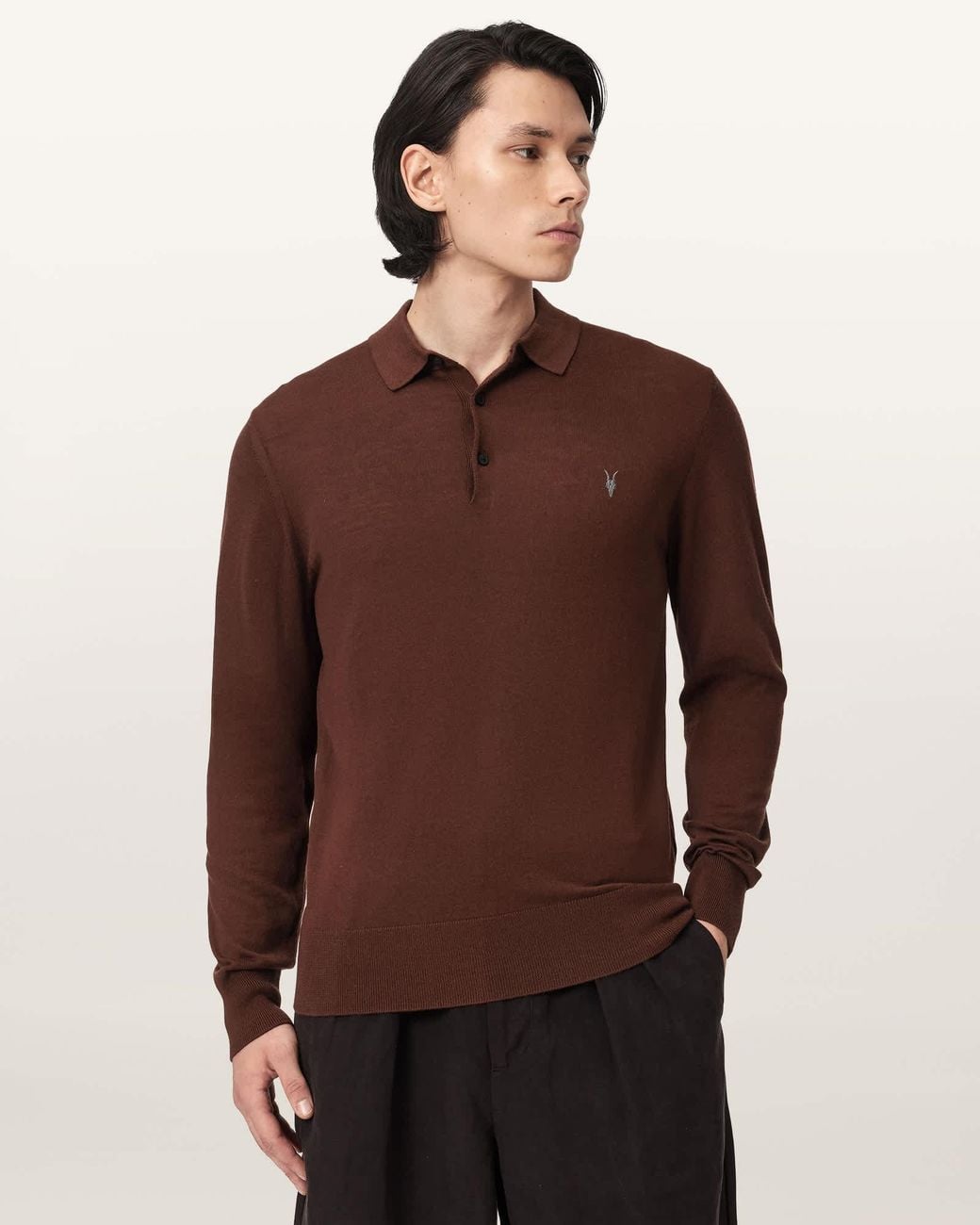 AllSaints Brown Mode Merino Long Sleeve Ramskull Polo Shirt for men