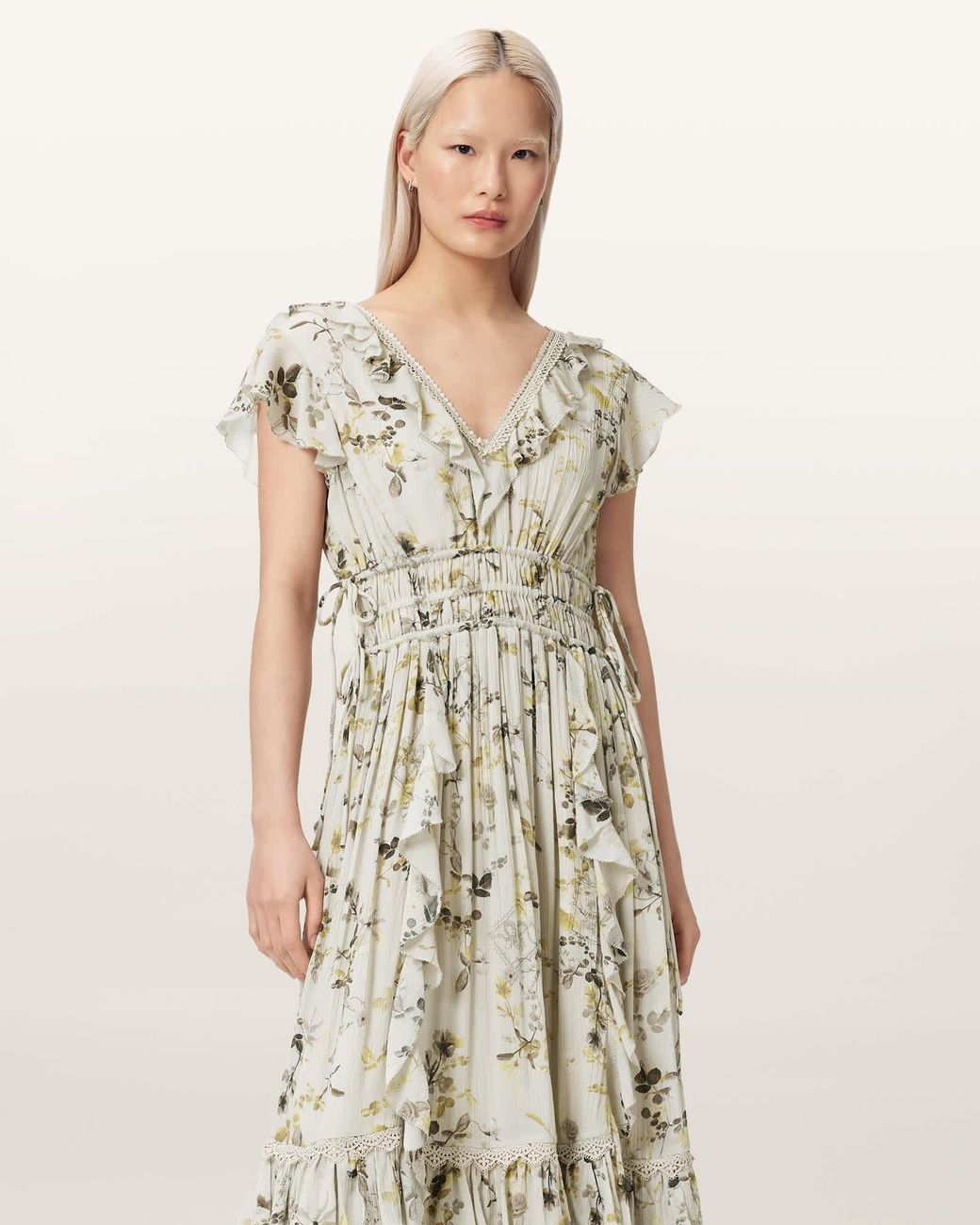 AllSaints Natural Polyester Canto Floral Ruffled Maxi Dress, /Us 0