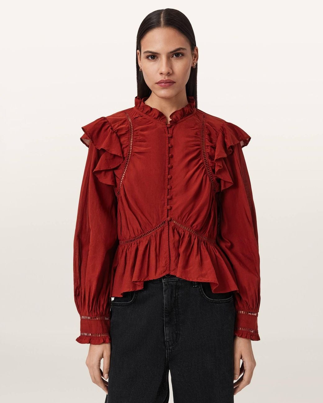 AllSaints Red Cotton/Viscose Lima Frill Top, /Us 2