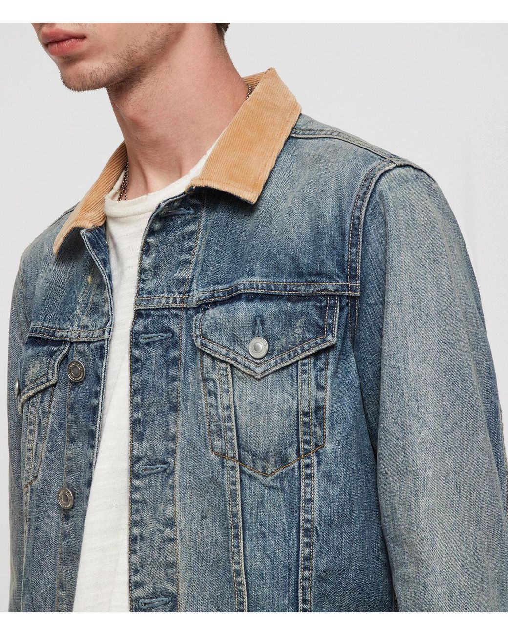 AllSaints Dexter Corduroy Collar Denim Jacket in Blue for Men