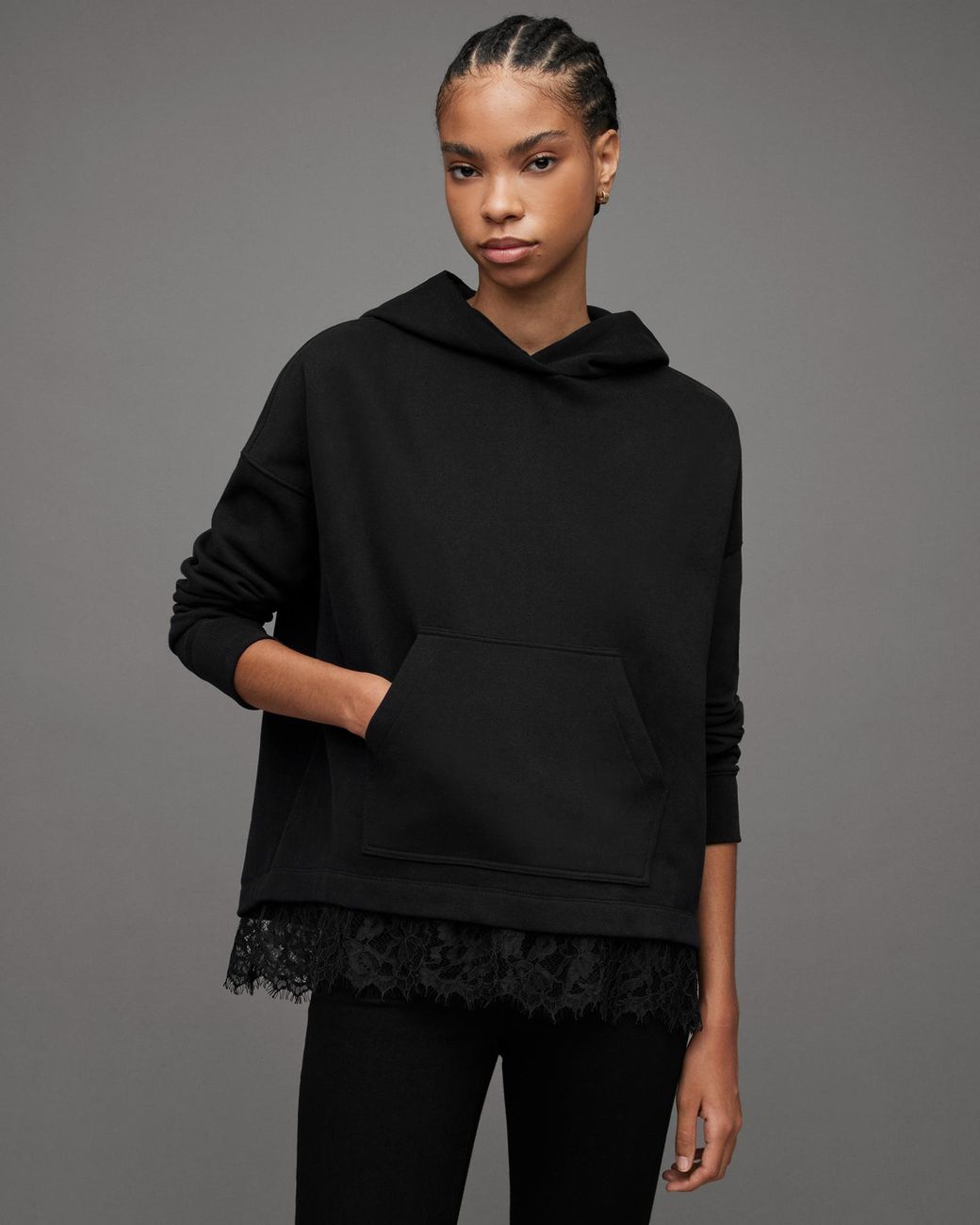AllSaints Lee Relaxed Lace Trim Hoodie in Black | Lyst