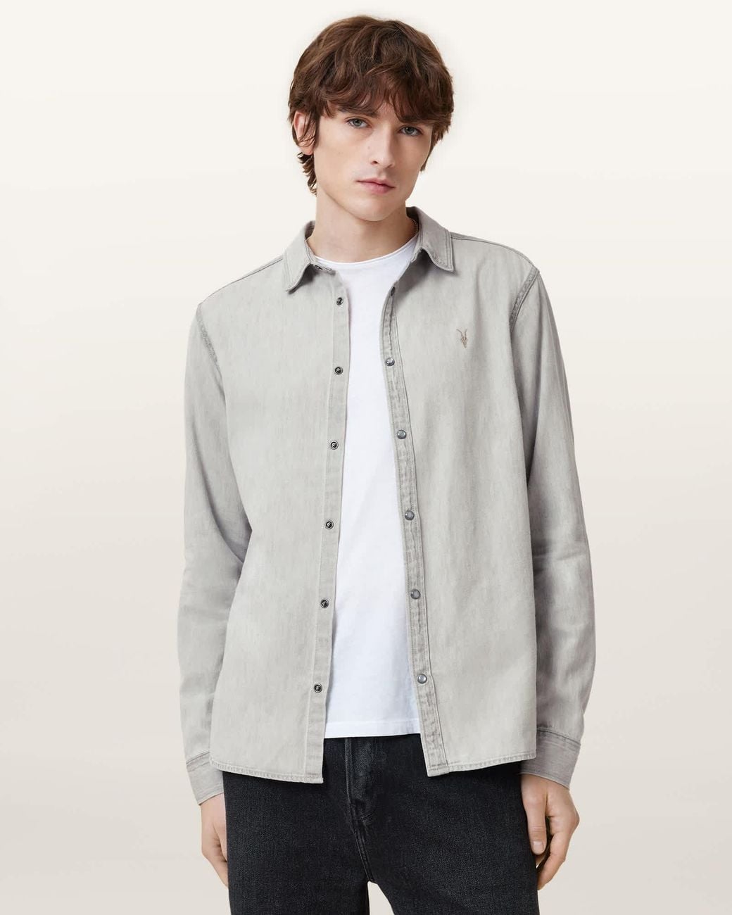 AllSaints Gray Gleason Press Stud Ramskull Denim Shirt for men