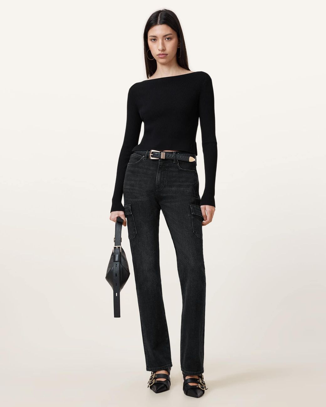 AllSaints Blue Hollis Slim Flocked Denim Bootcut Jeans,, Washed