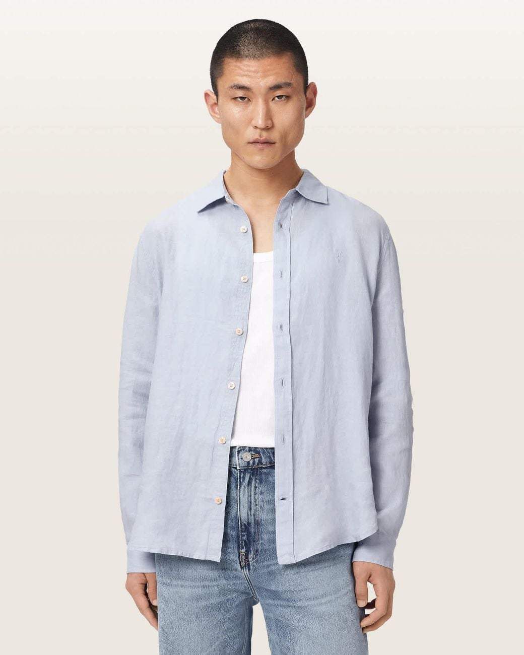 AllSaints Blue Loom Long Sleeve Linen Shirt for men