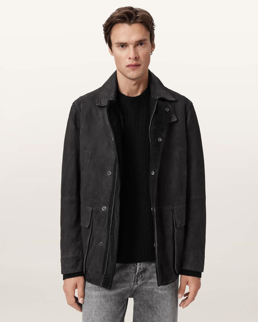AllSaints Black Bolton Waxed Suede Coat for men