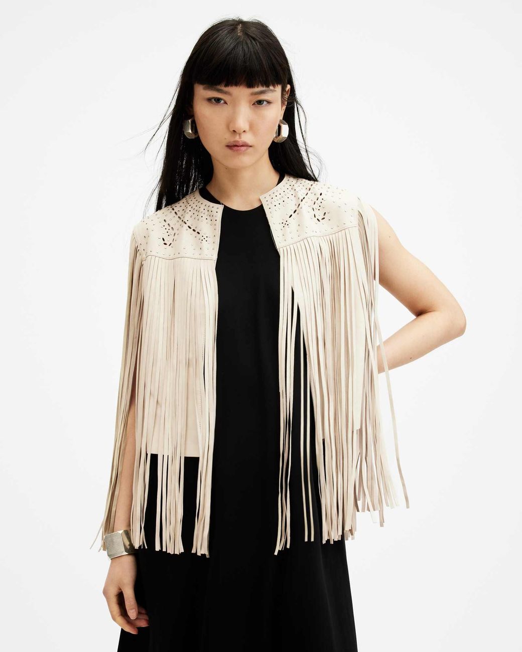 AllSaints Natural Elias Astral Leather Tassel Gilet,, Off