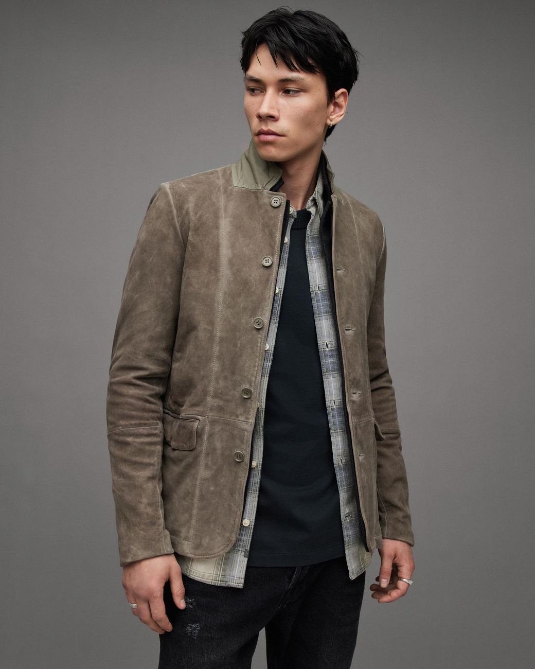 AllSaints Survey Double Layered Leather Blazer in Grey for Men