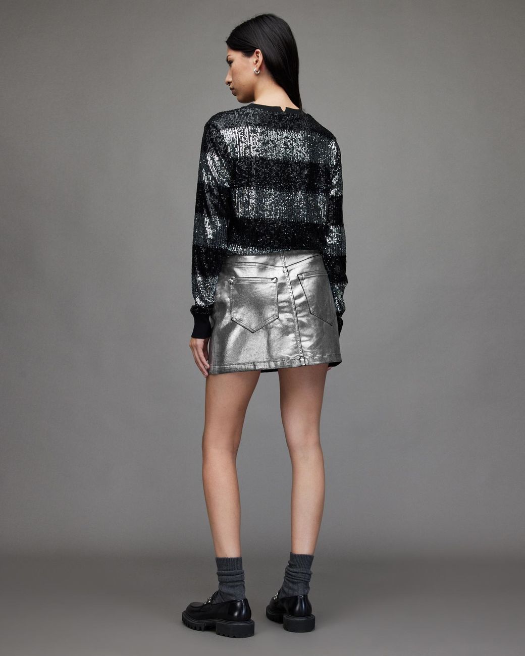 AllSaints Cleo Metallic Denim Mini Skirt in Gray | Lyst